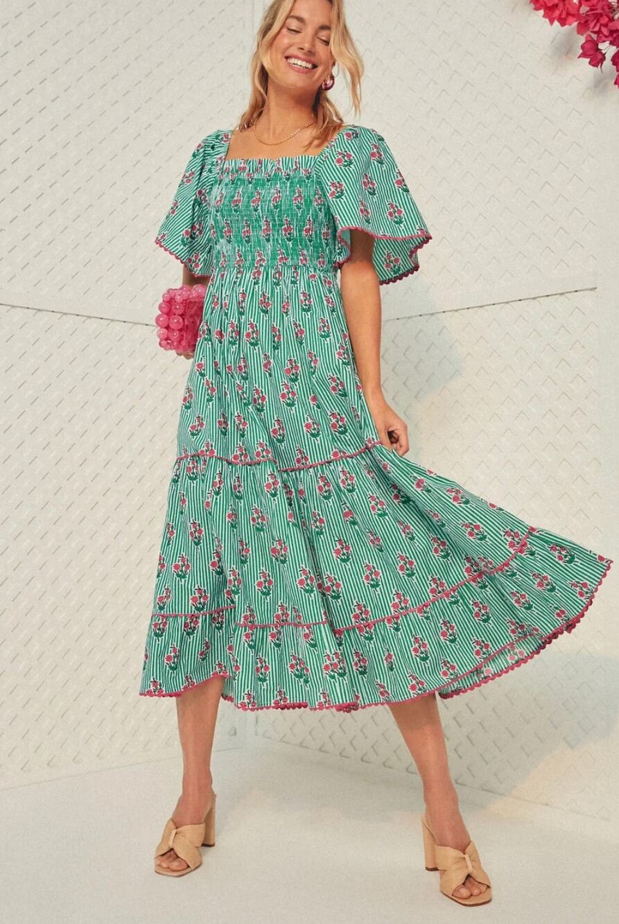 Pink City Prints Tuckernuck Smocked Green Stripe Floral Midi Cotton Dress XS
